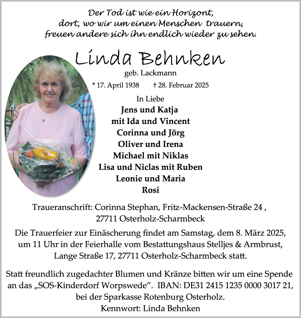Traueranzeige von Linda Behnken von WESER-KURIER