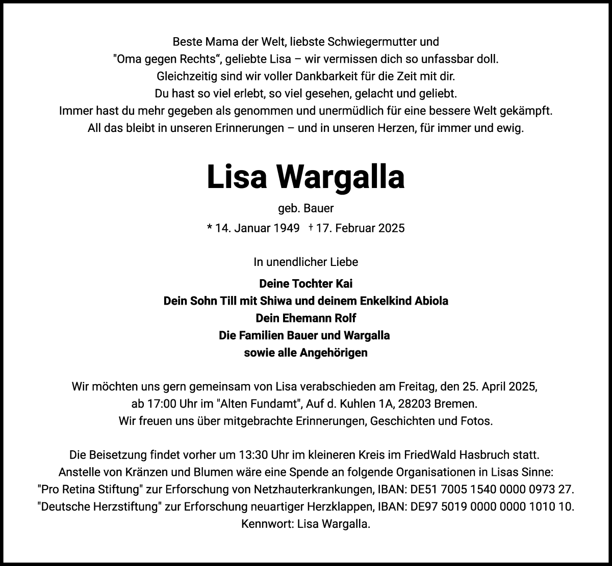 Traueranzeige von Lisa Wargalla von WESER-KURIER
