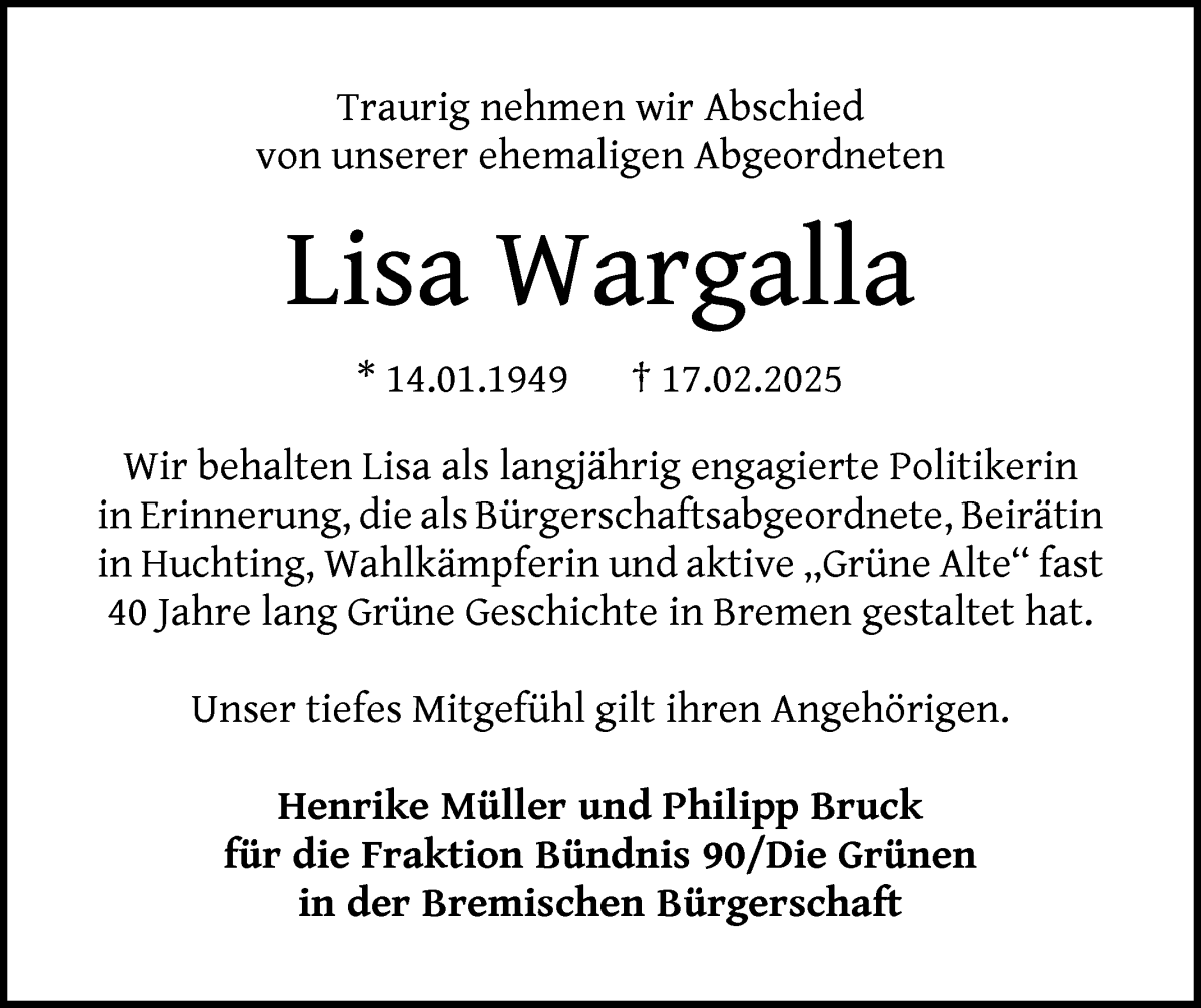 Traueranzeige von Lisa Wargalla von WESER-KURIER
