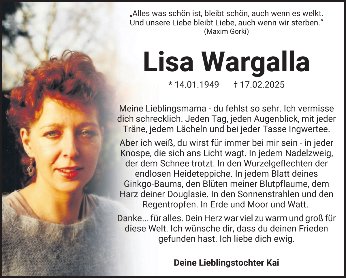 Traueranzeige von Lisa Wargalla von WESER-KURIER