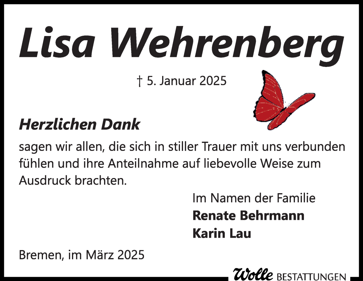 Traueranzeige von Lisa Wehrenberg von WESER-KURIER