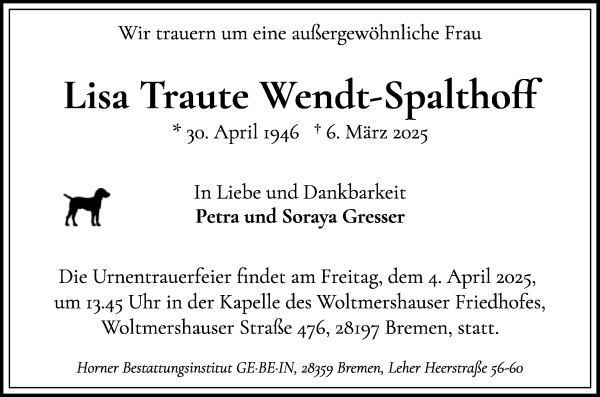 Traueranzeige von Lisa Traute Wendt-Spalthoff von WESER-KURIER