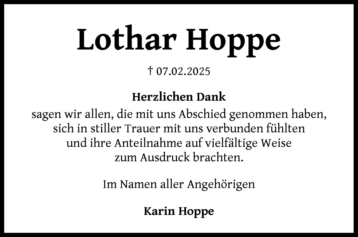 Traueranzeige von Lothar Hoppe von Die Norddeutsche