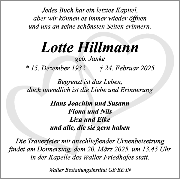 Traueranzeige von Lotte Hillmann von WESER-KURIER