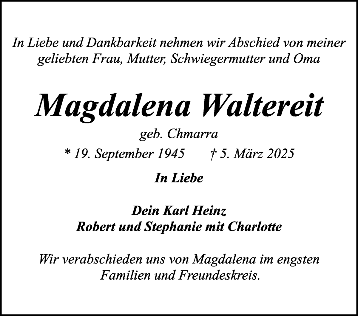 Traueranzeige von Magdalena Waltereit von WESER-KURIER