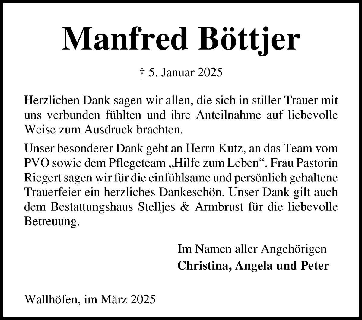 Traueranzeige von Manfred Böttjer von Osterholzer Kreisblatt