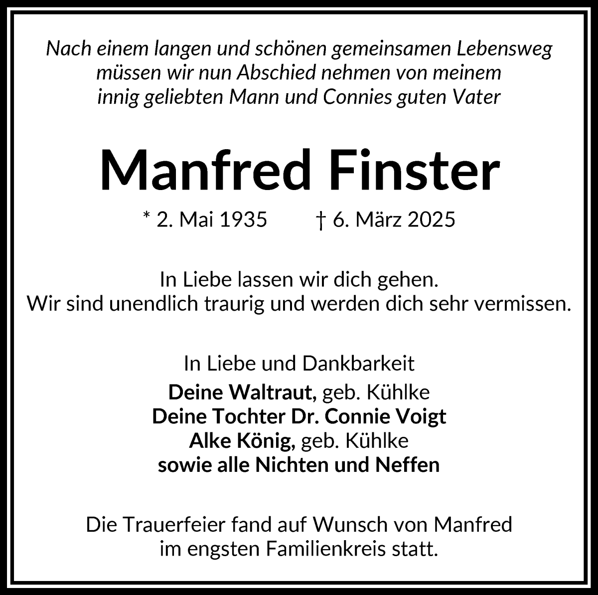Traueranzeige von Manfred Finster von WESER-KURIER