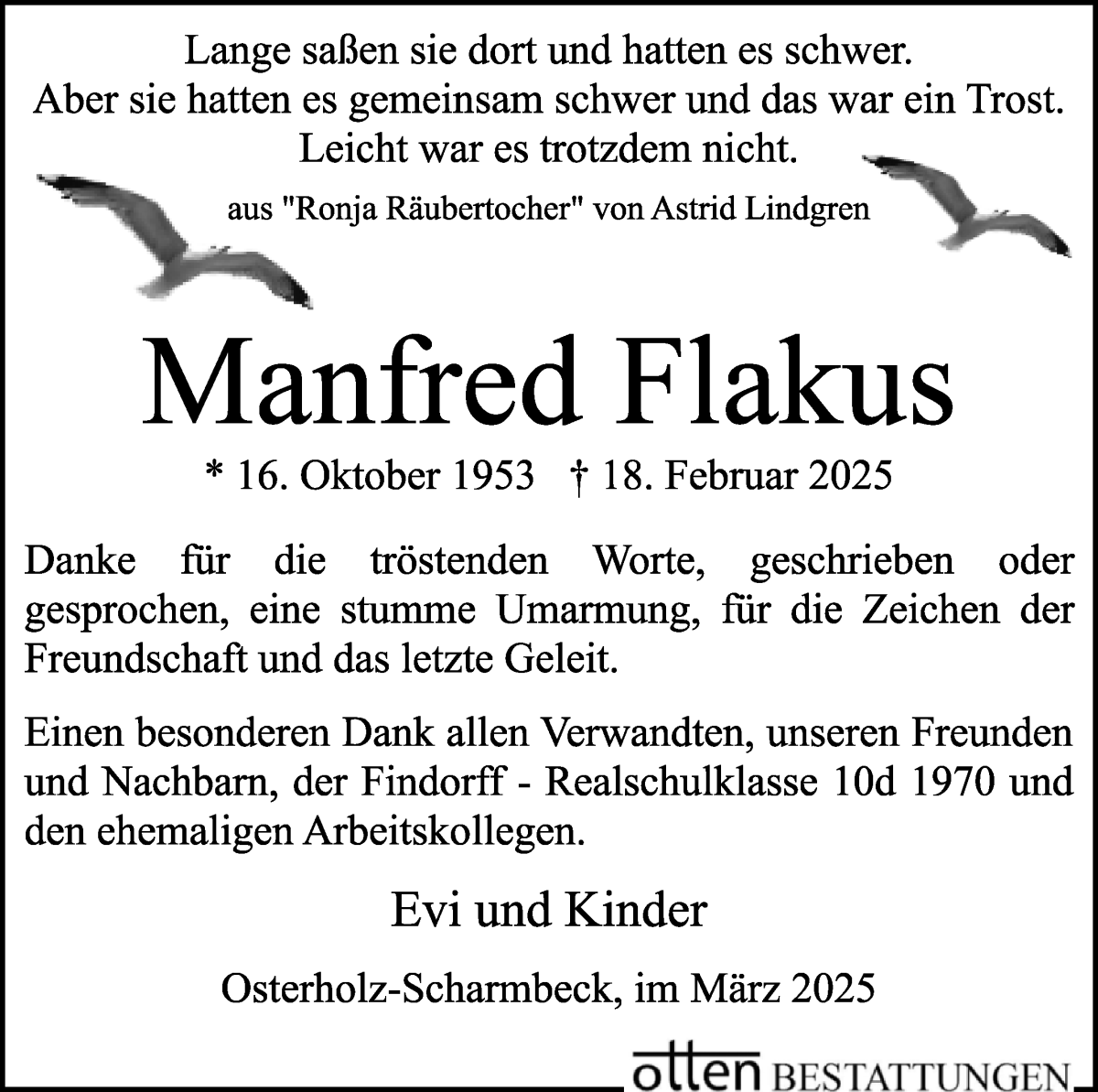 Traueranzeige von Manfred Flakus von Osterholzer Kreisblatt