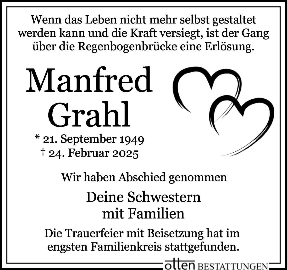 Traueranzeige von Manfred Grahl von Osterholzer Kreisblatt