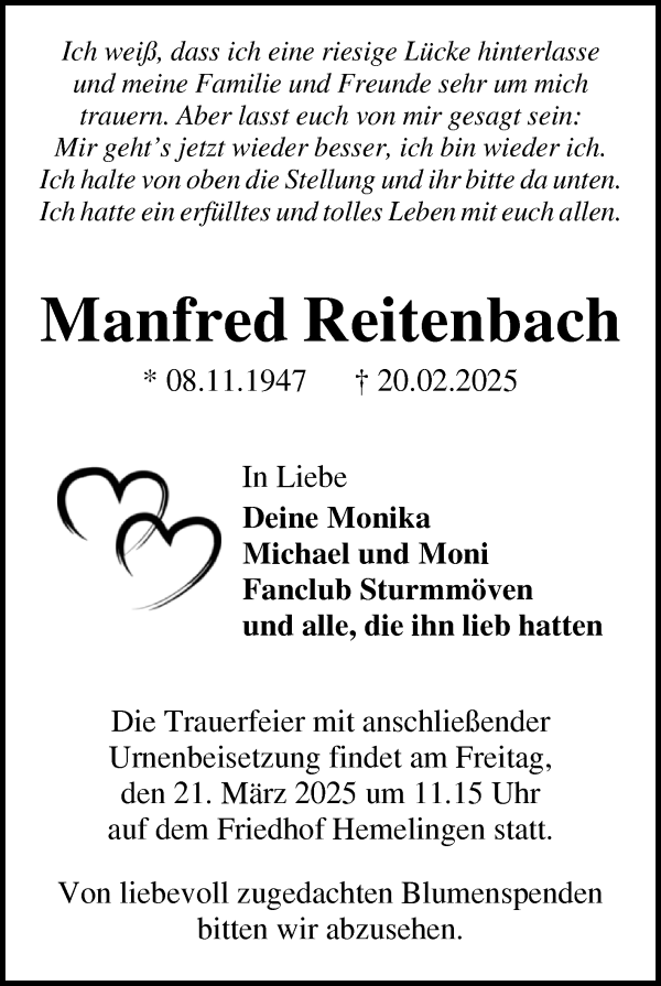 Traueranzeige von Manfred Reitenbach von WESER-KURIER