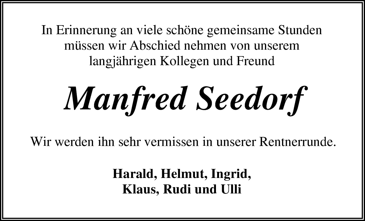 Traueranzeige von Manfred Seedorf von Osterholzer Kreisblatt