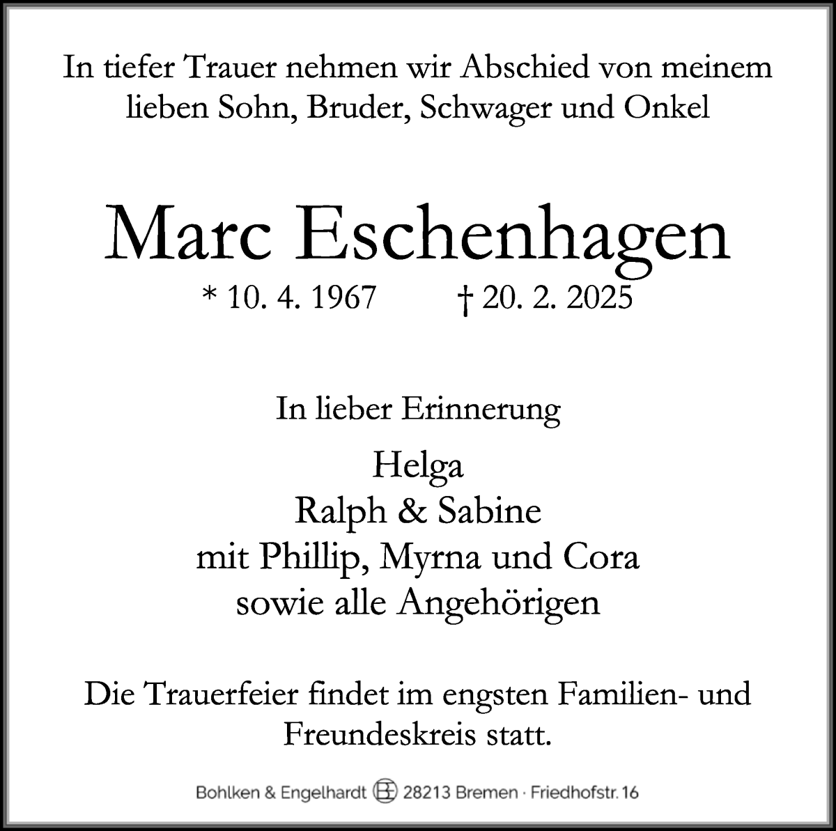 Traueranzeige von Marc Eschenhagen von WESER-KURIER