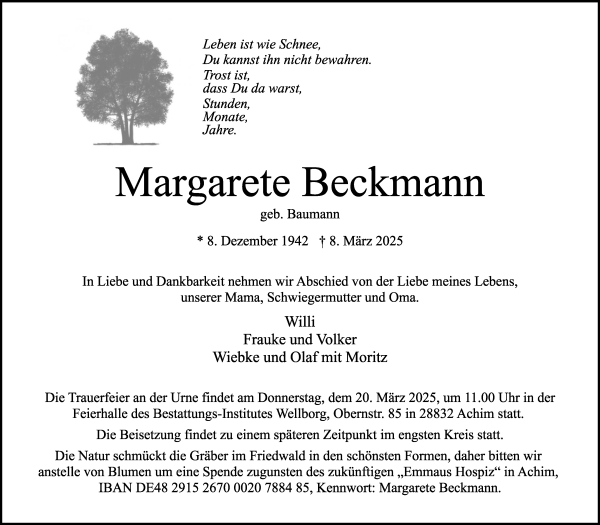 Traueranzeige von Margarete Beckmann von Achimer Kurier/Verdener Nachrichten