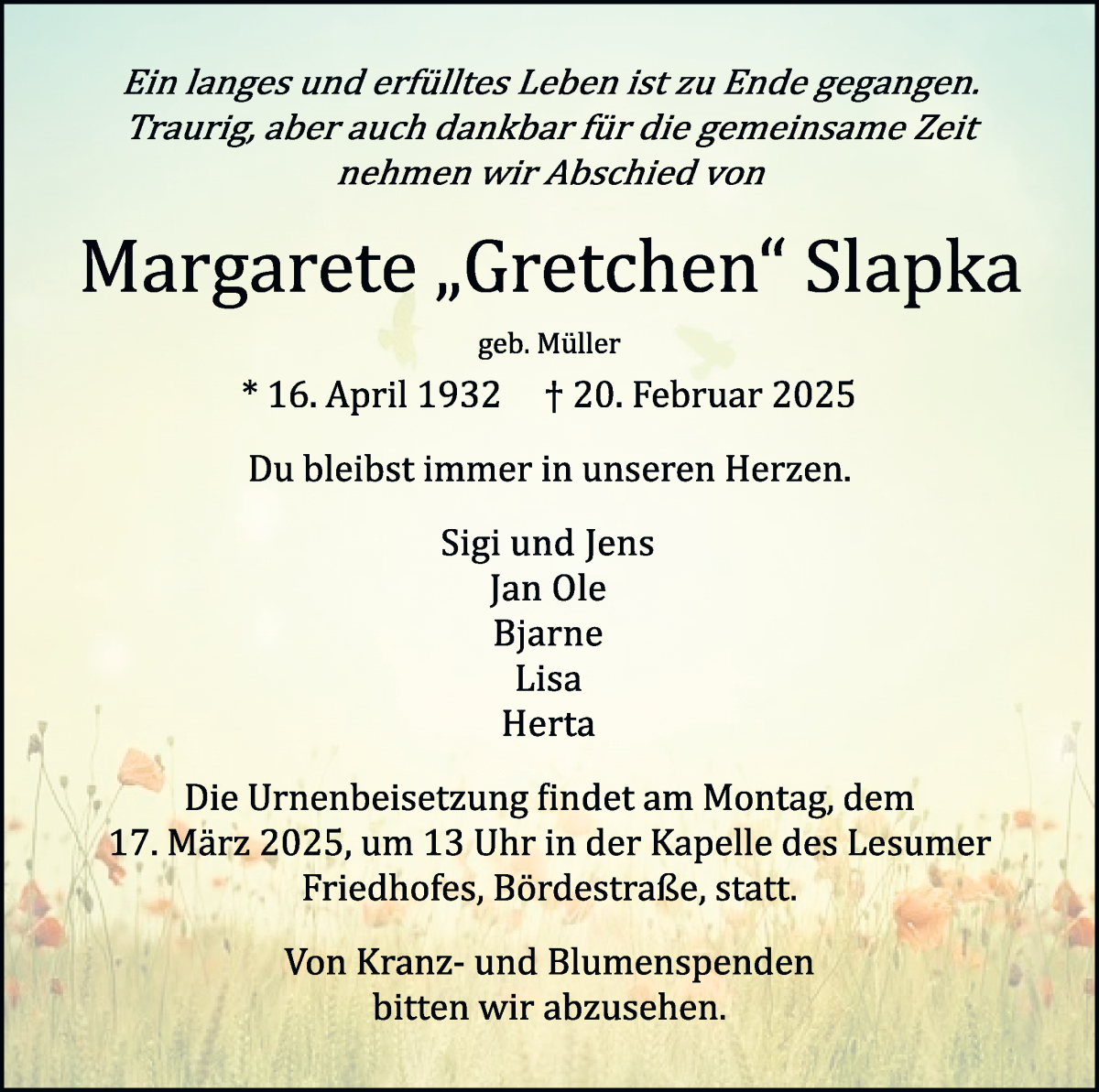 Traueranzeige von Margarete Slapka von WESER-KURIER