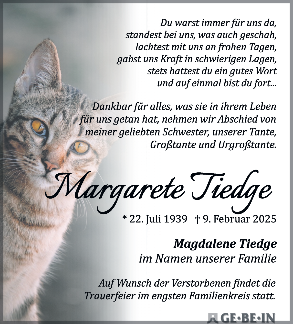 Traueranzeige von Margarete Tiedge von WESER-KURIER