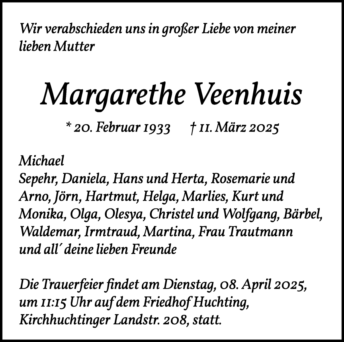 Traueranzeige von Margarethe Veenhuis von WESER-KURIER