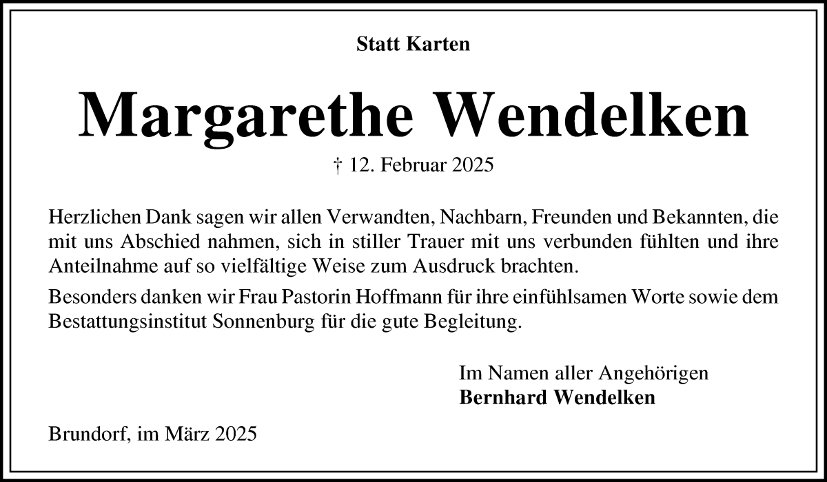 Traueranzeige von Margarethe Wendelken von Die Norddeutsche