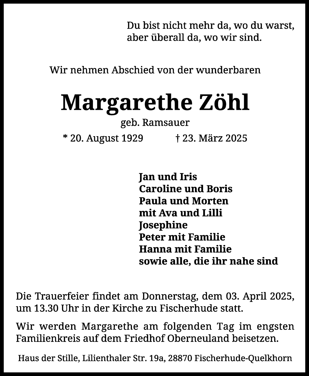 Traueranzeige von Margarethe Zöhl von WESER-KURIER