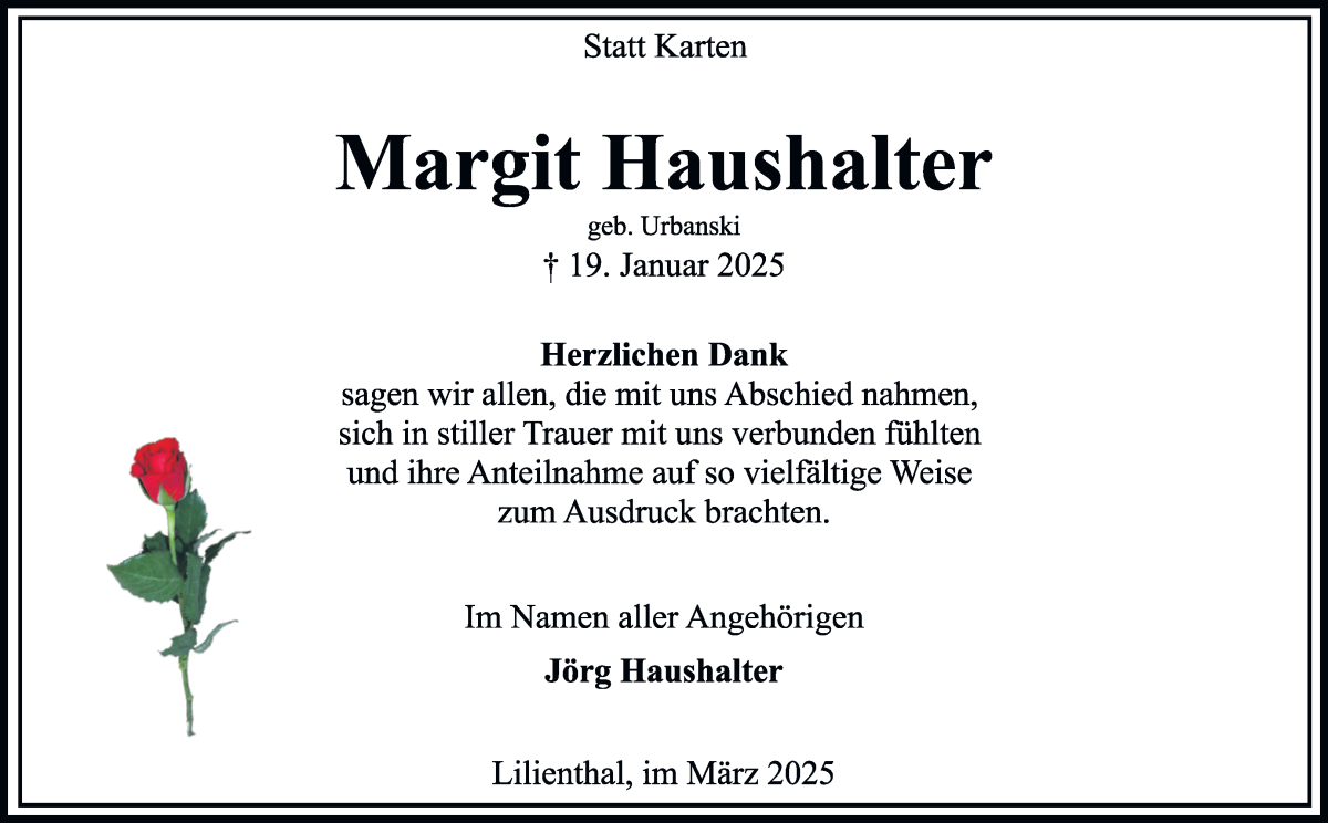 Traueranzeige von Margit Haushalter von Wuemme Zeitung