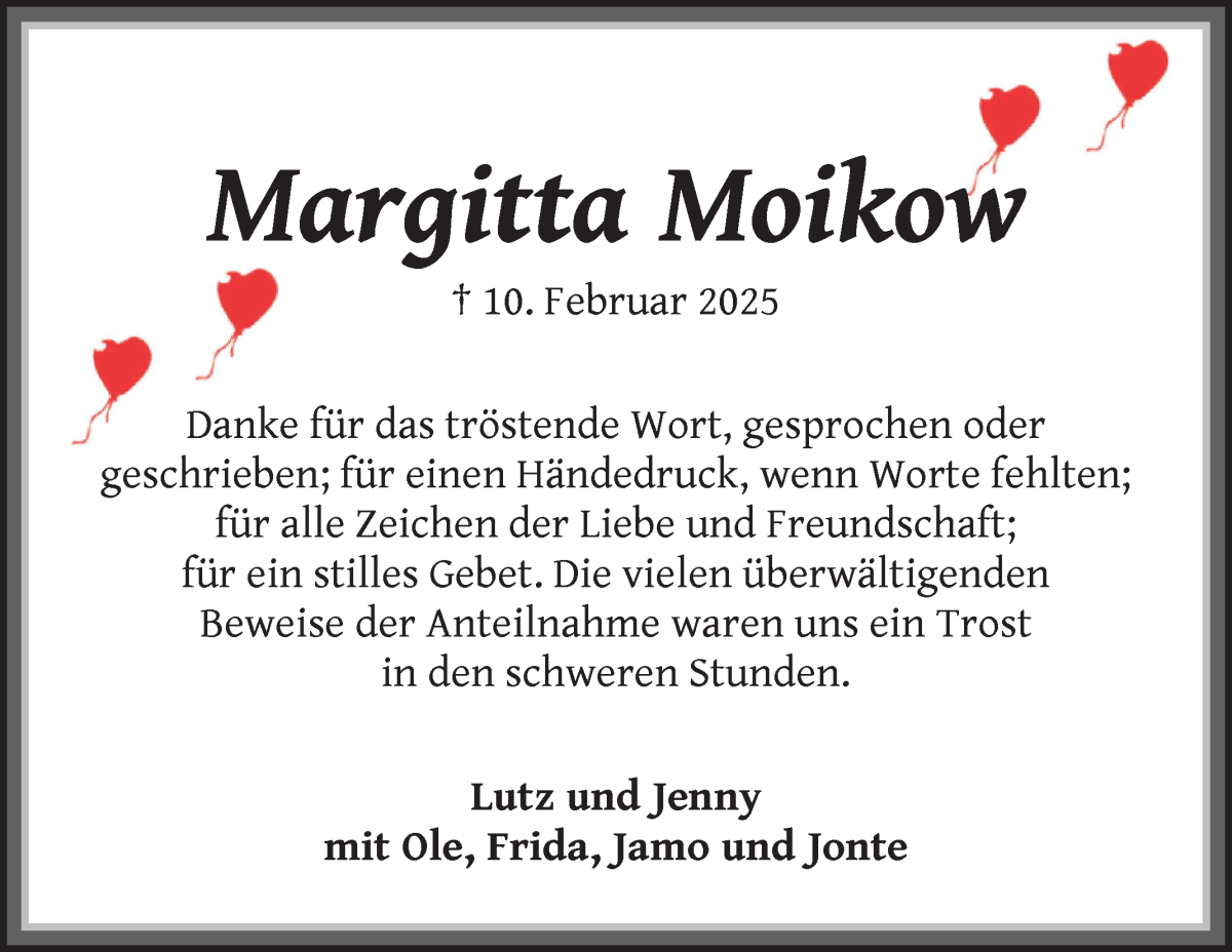 Traueranzeige von Margitta Moikow von Die Norddeutsche