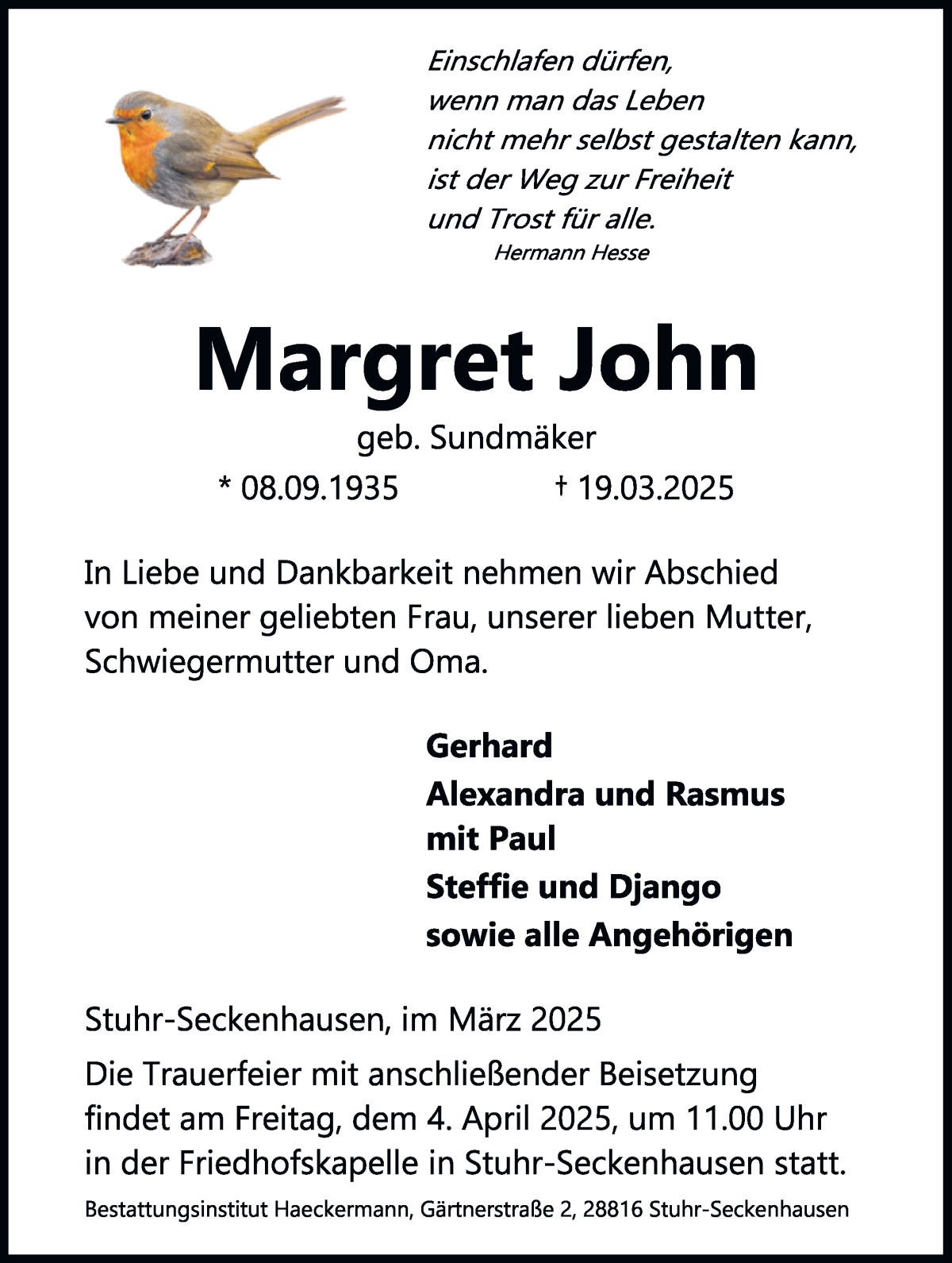 Traueranzeige von Margret John von Regionale Rundschau/Syker Kurier
