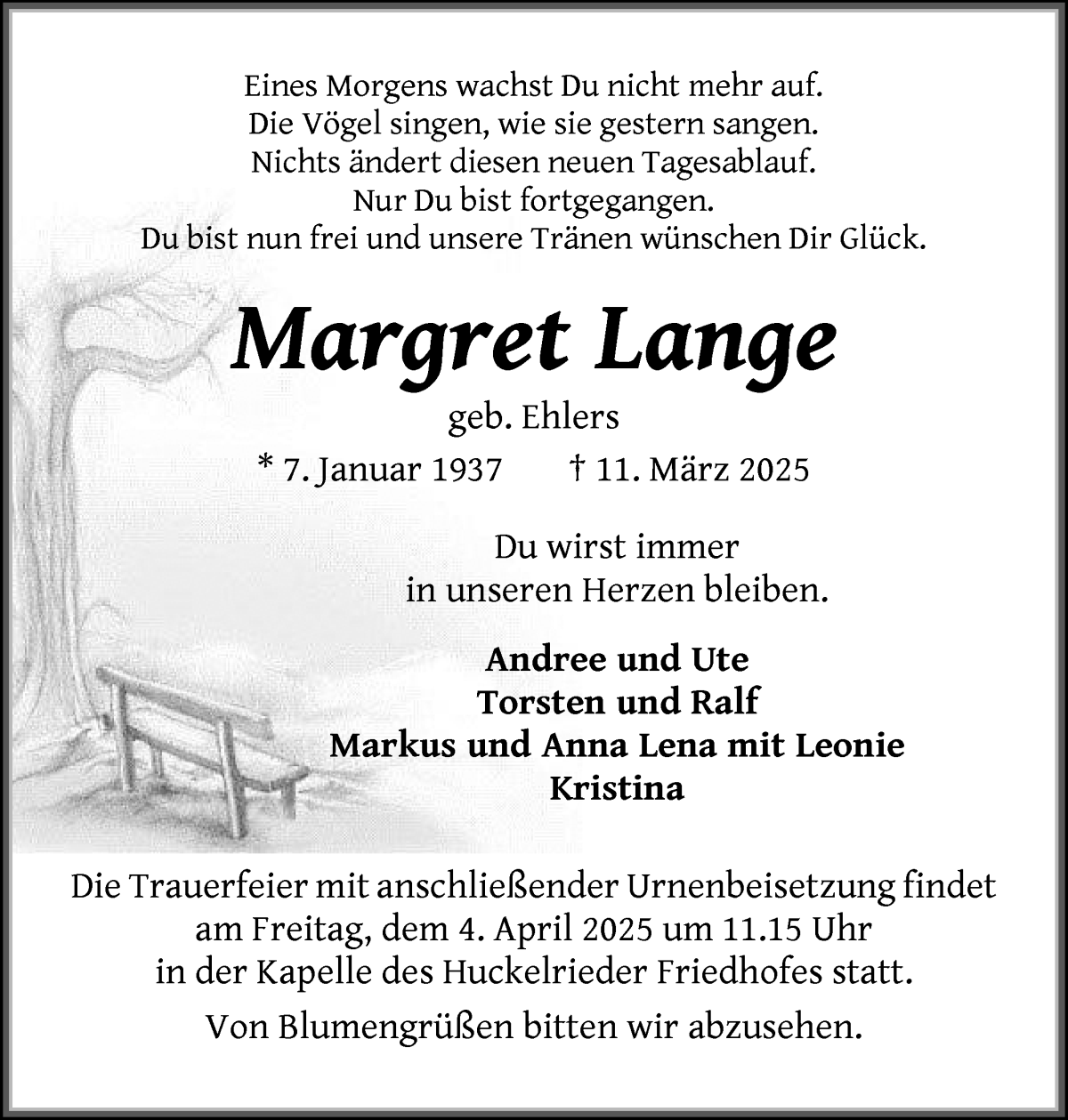 Traueranzeige von Margret Lange von WESER-KURIER