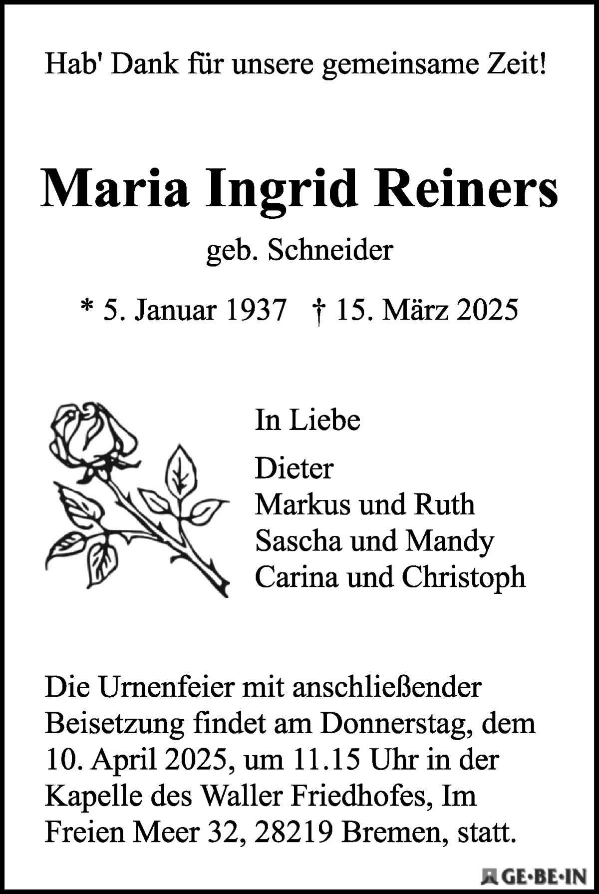 Traueranzeige von Maria Ingrid Reiners von WESER-KURIER