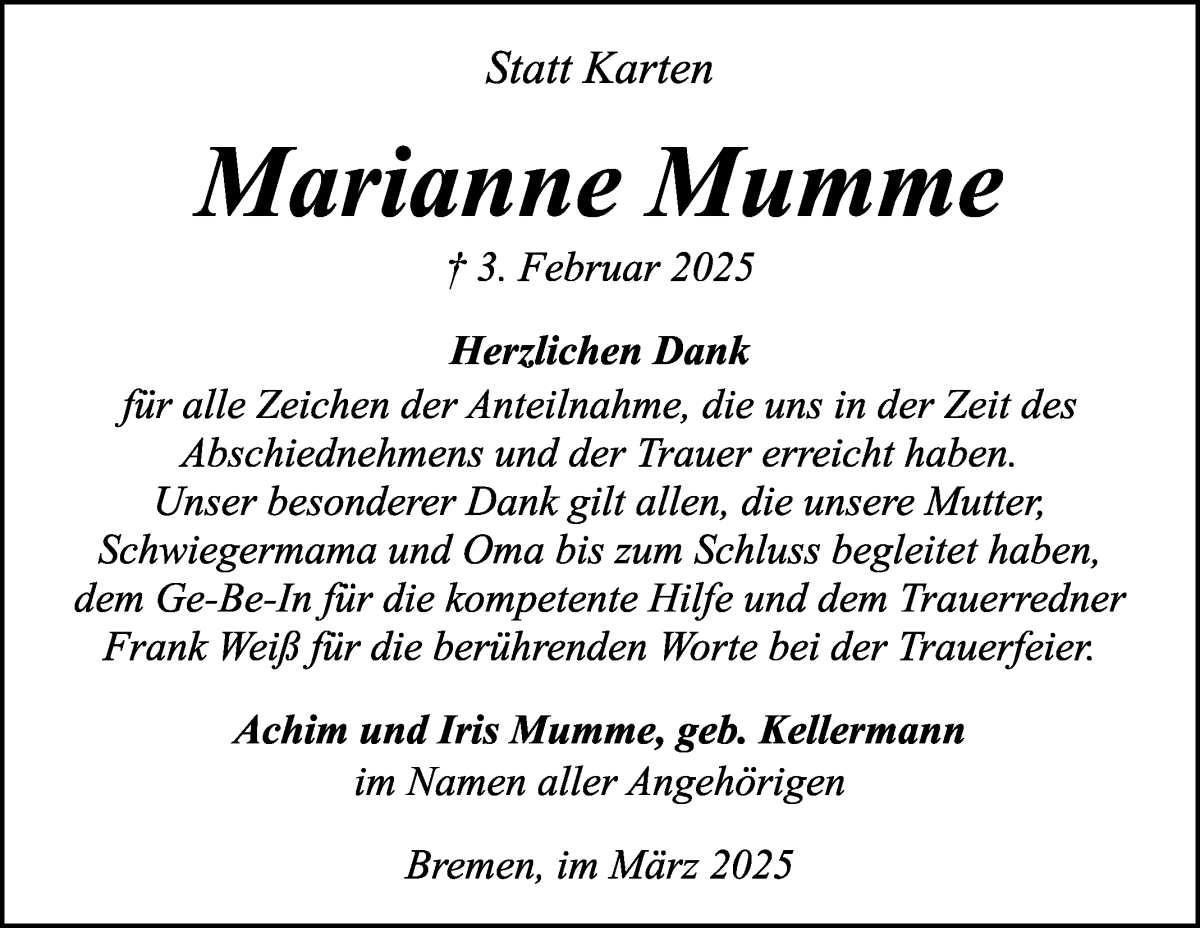 Traueranzeige von Marianne Mumme von WESER-KURIER