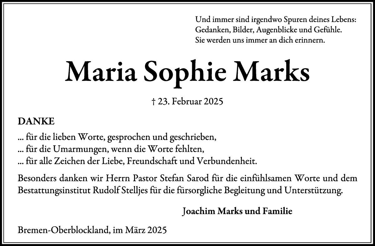 Traueranzeige von Maria Sophie Marks von Wuemme Zeitung
