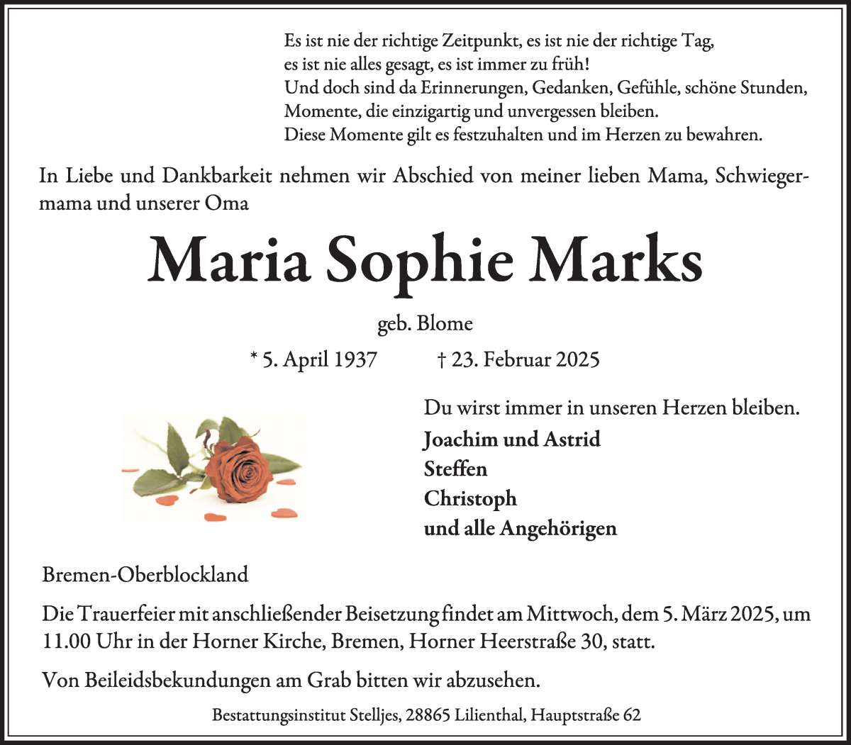 Traueranzeige von Maria Sophie Marks von Wuemme Zeitung