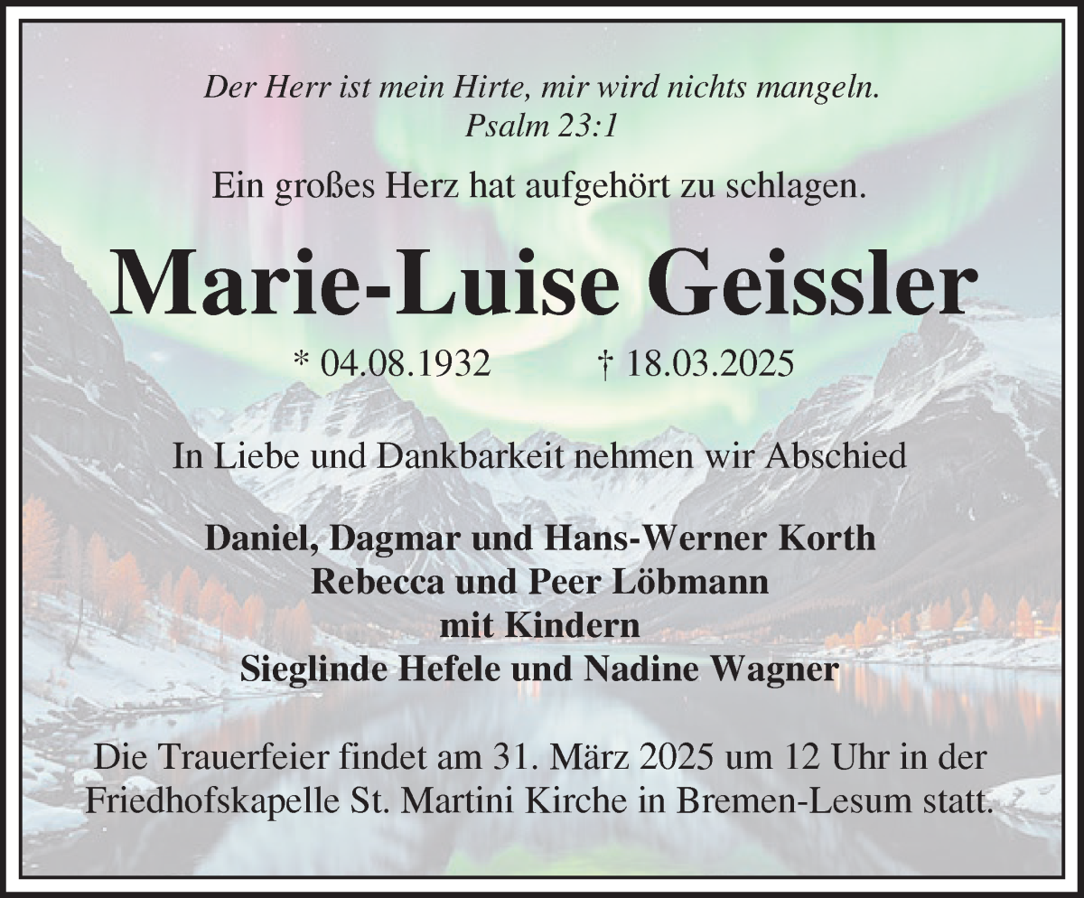 Traueranzeige von Marie-Luise Geissler von Die Norddeutsche