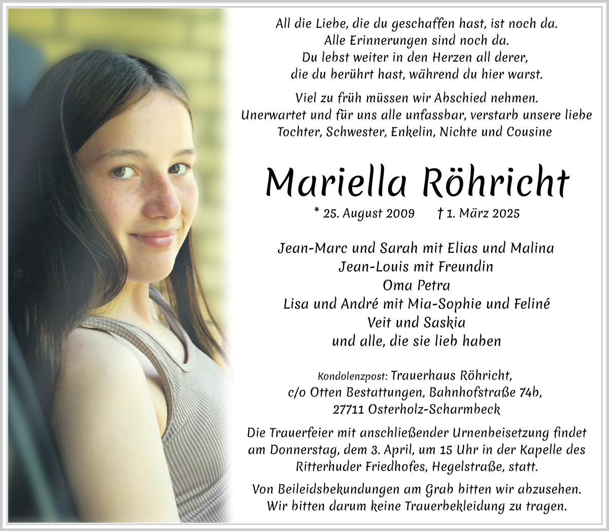 Traueranzeige von Mariella Röhricht von Osterholzer Kreisblatt