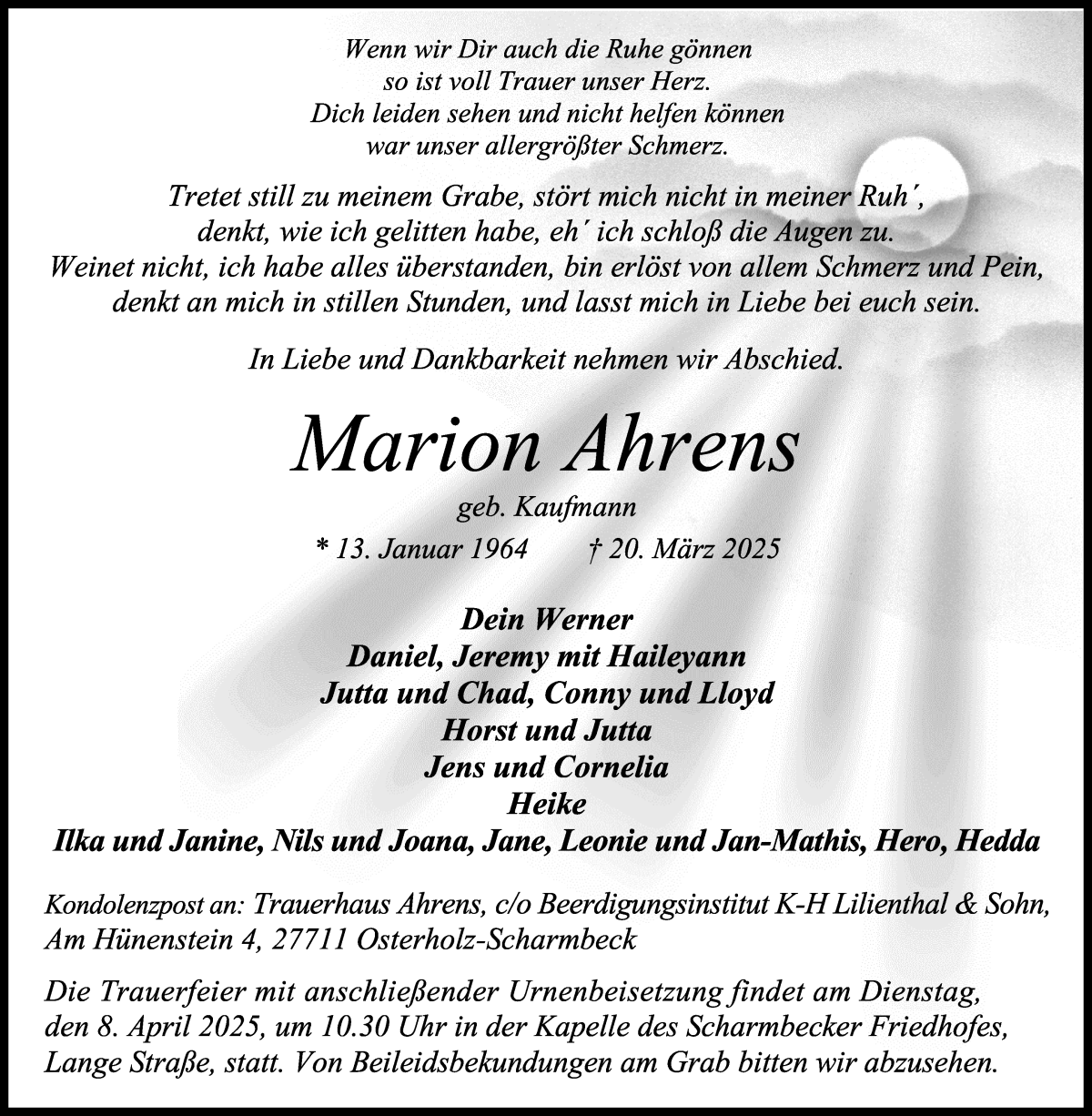 Traueranzeige von Marion Ahrens von Osterholzer Kreisblatt