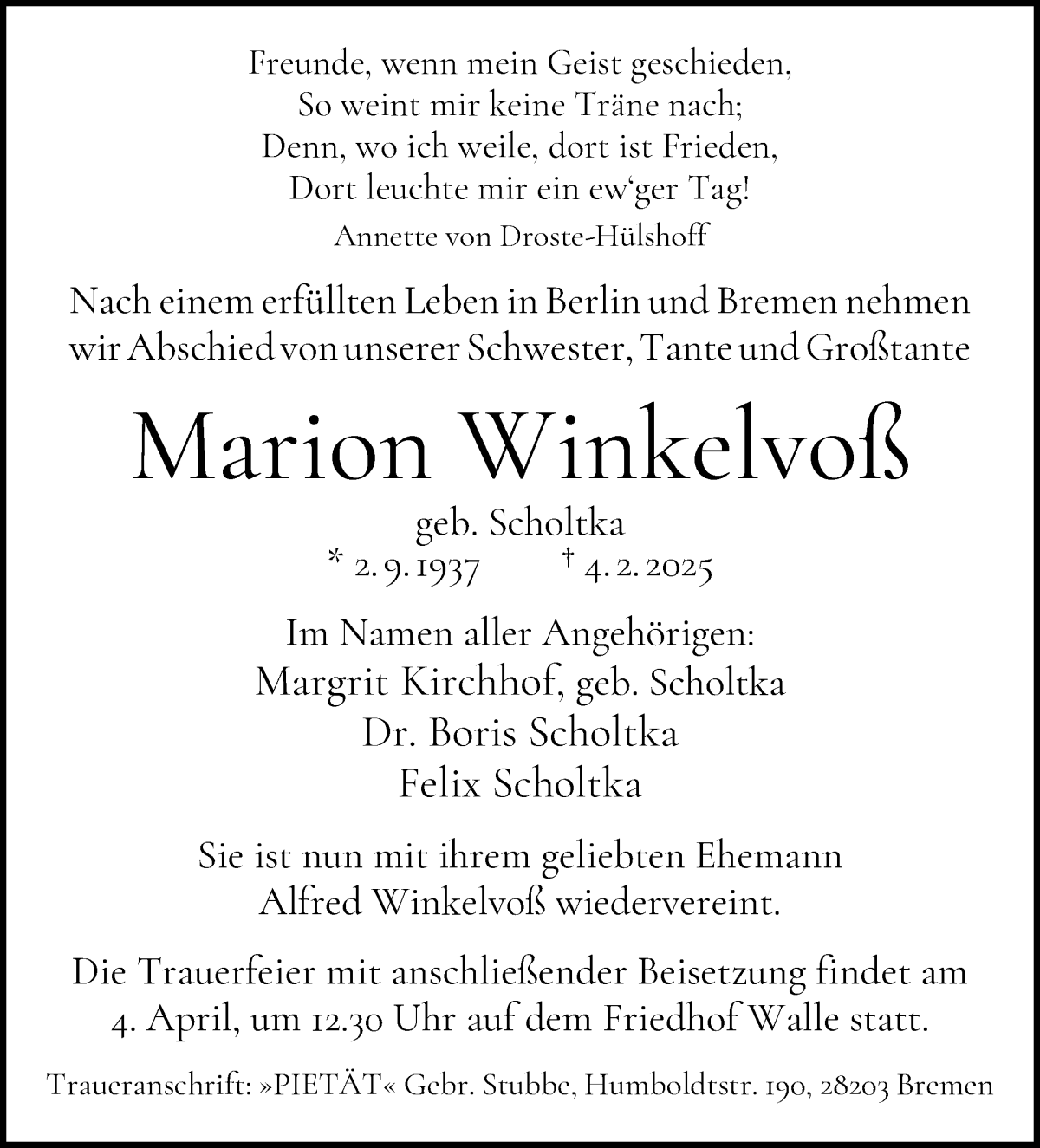 Traueranzeige von Marion Winkelvoß von WESER-KURIER