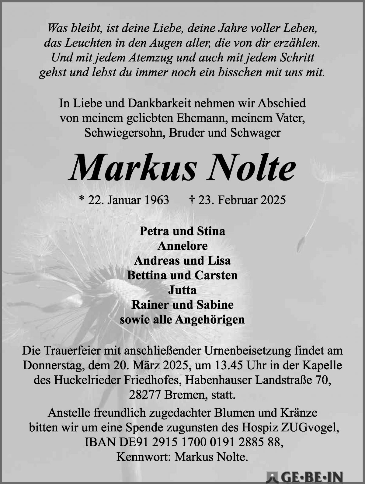 Traueranzeige von Markus Nolte von WESER-KURIER