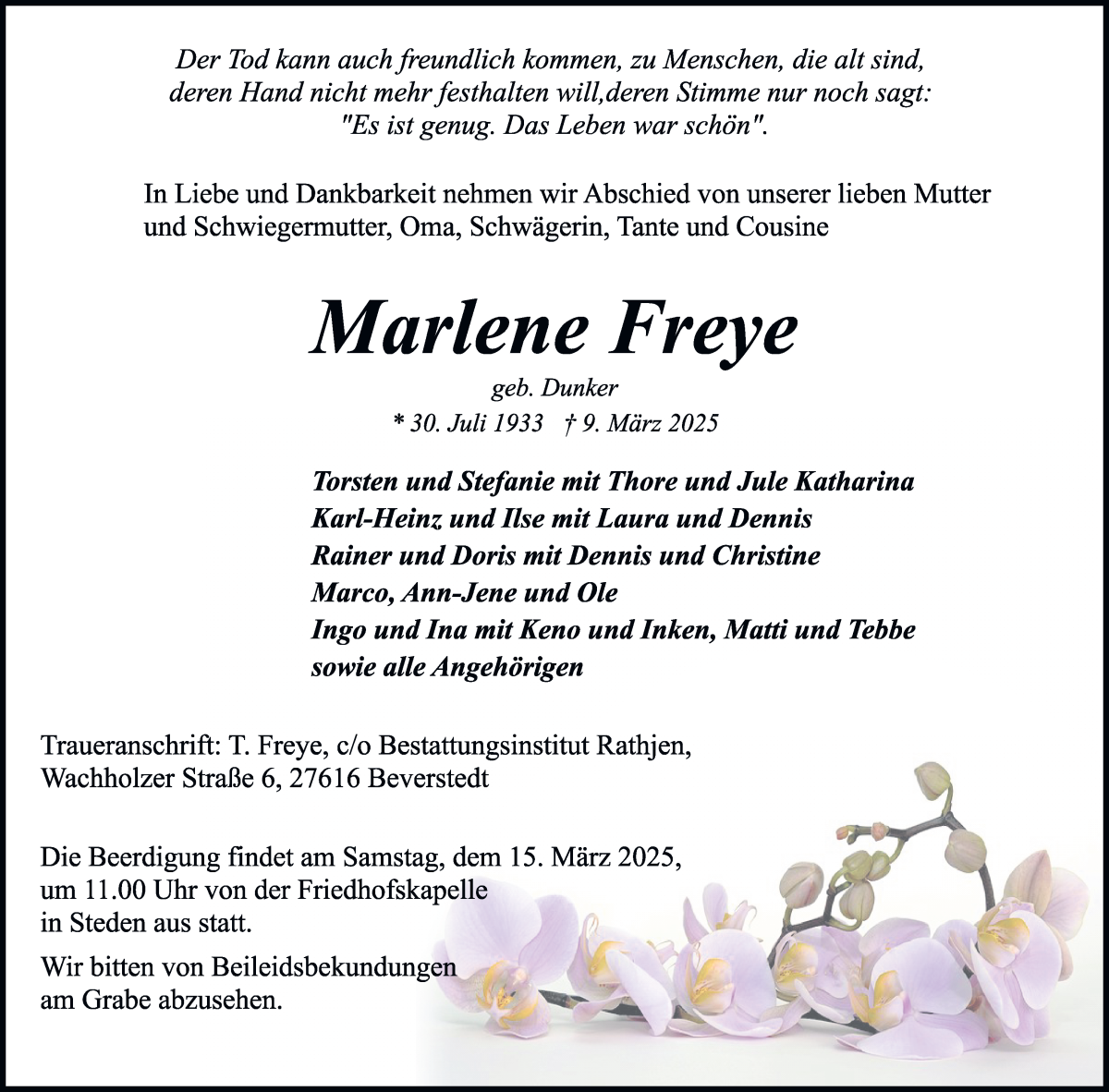 Traueranzeige von Marlene Freye von Osterholzer Kreisblatt
