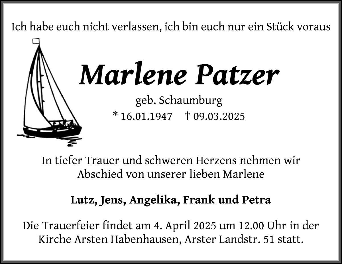 Traueranzeige von Marlene Patzer von WESER-KURIER