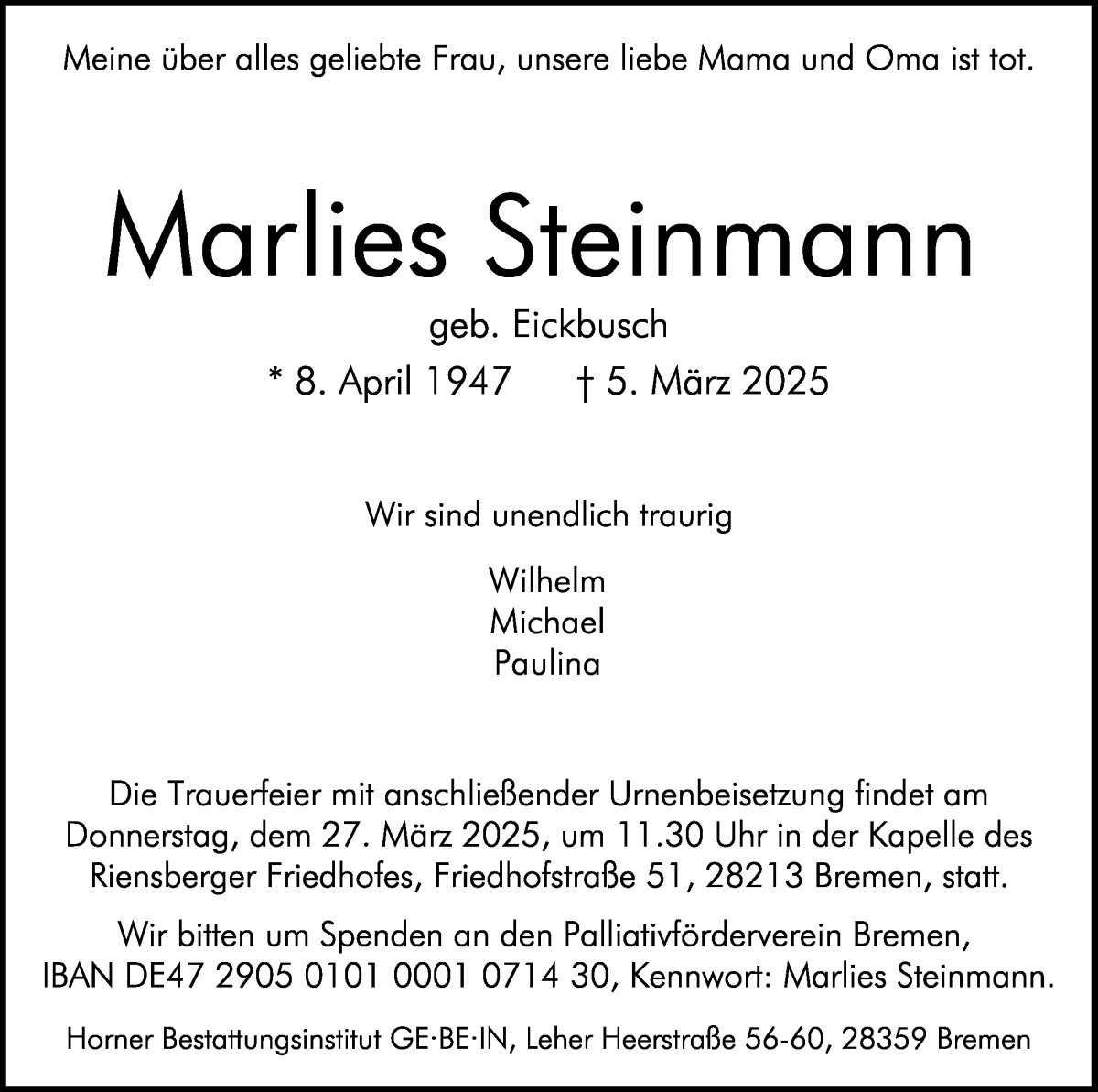 Traueranzeige von Marlies Steinmann von WESER-KURIER
