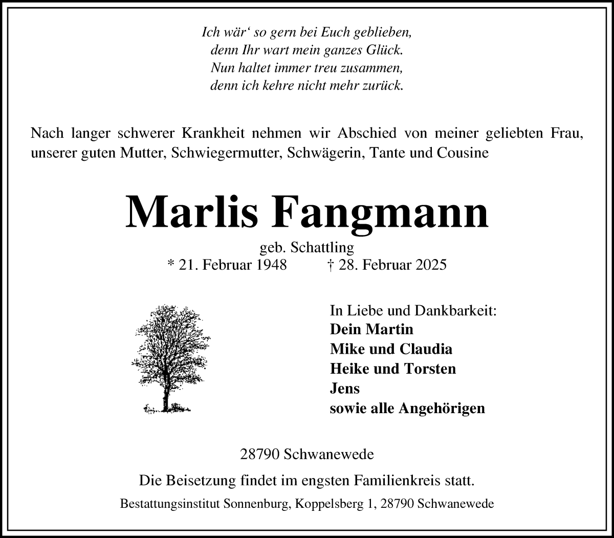 Traueranzeige von Marlis Fangmann von Die Norddeutsche