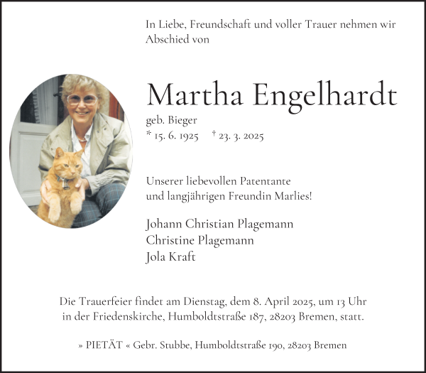 Traueranzeige von Martha Engelhardt von WESER-KURIER