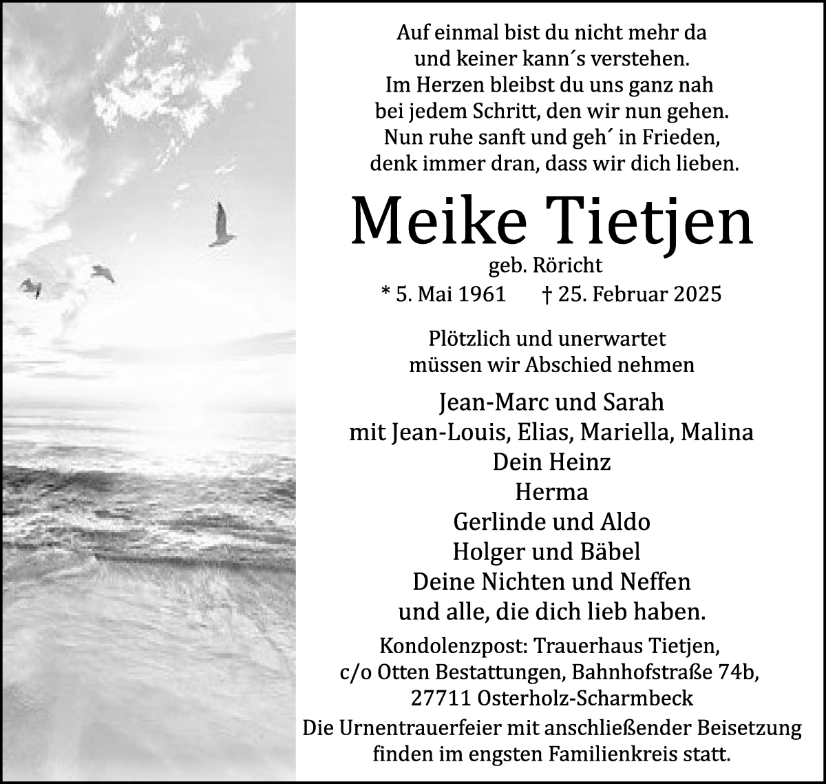 Traueranzeige von Meike Tietjen von Osterholzer Kreisblatt