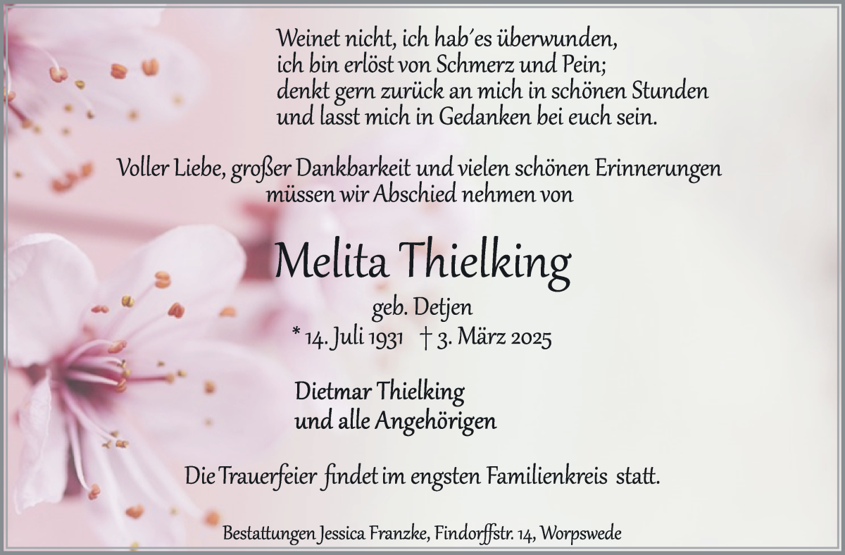 Traueranzeige von Melita Thielking von Wuemme Zeitung