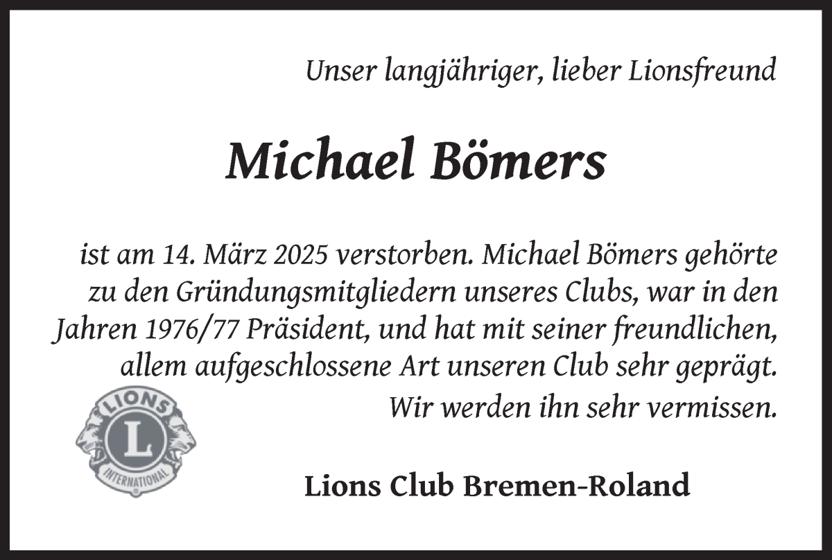 Traueranzeige von Michael Bömers von WESER-KURIER