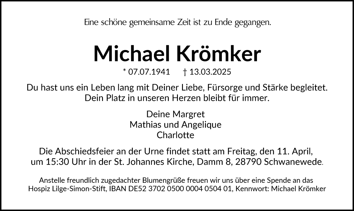 Traueranzeige von Michael Krömker von WESER-KURIER
