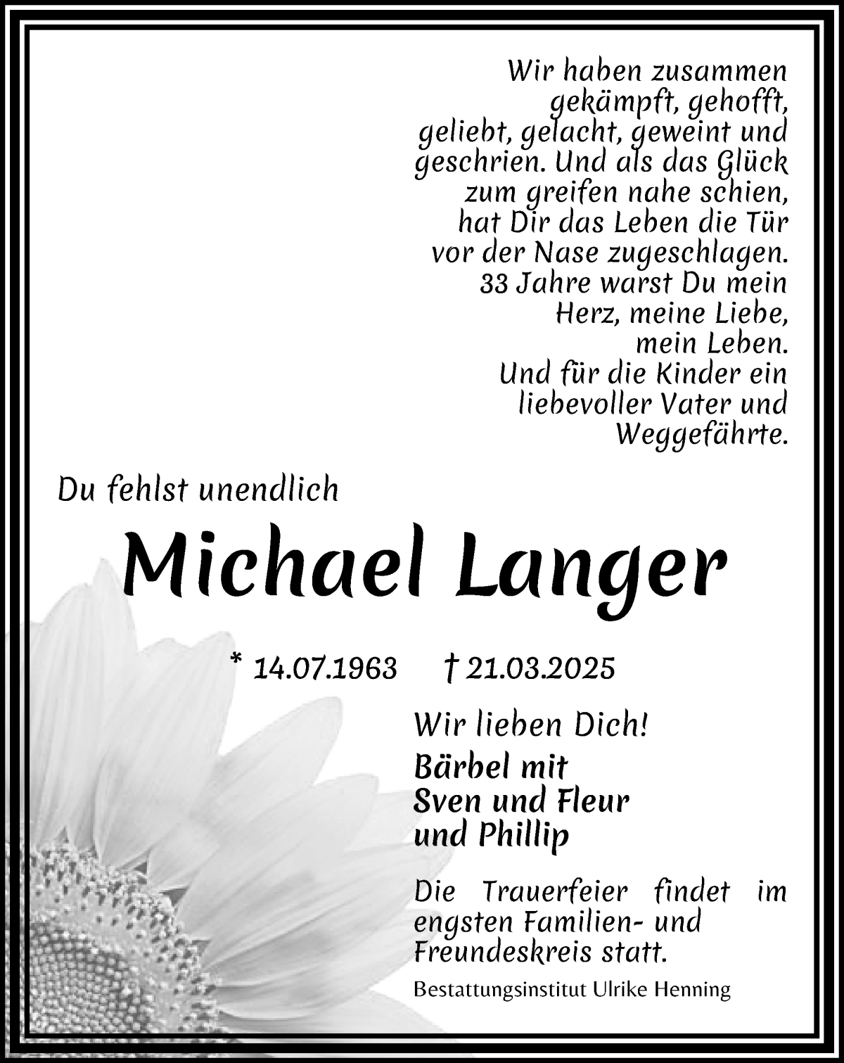 Traueranzeige von Michael Langer von WESER-KURIER