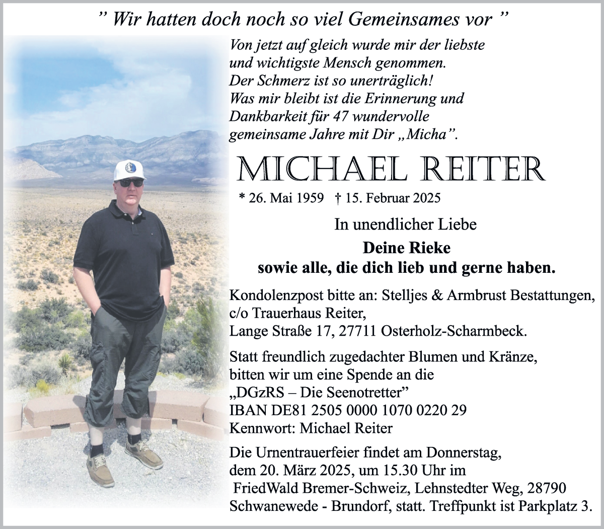 Traueranzeige von Michael Reiter von WESER-KURIER
