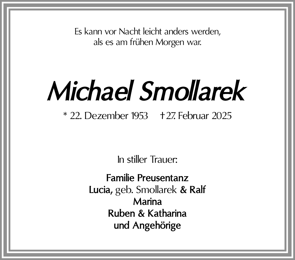 Traueranzeige von Michael Smollarek von Die Norddeutsche