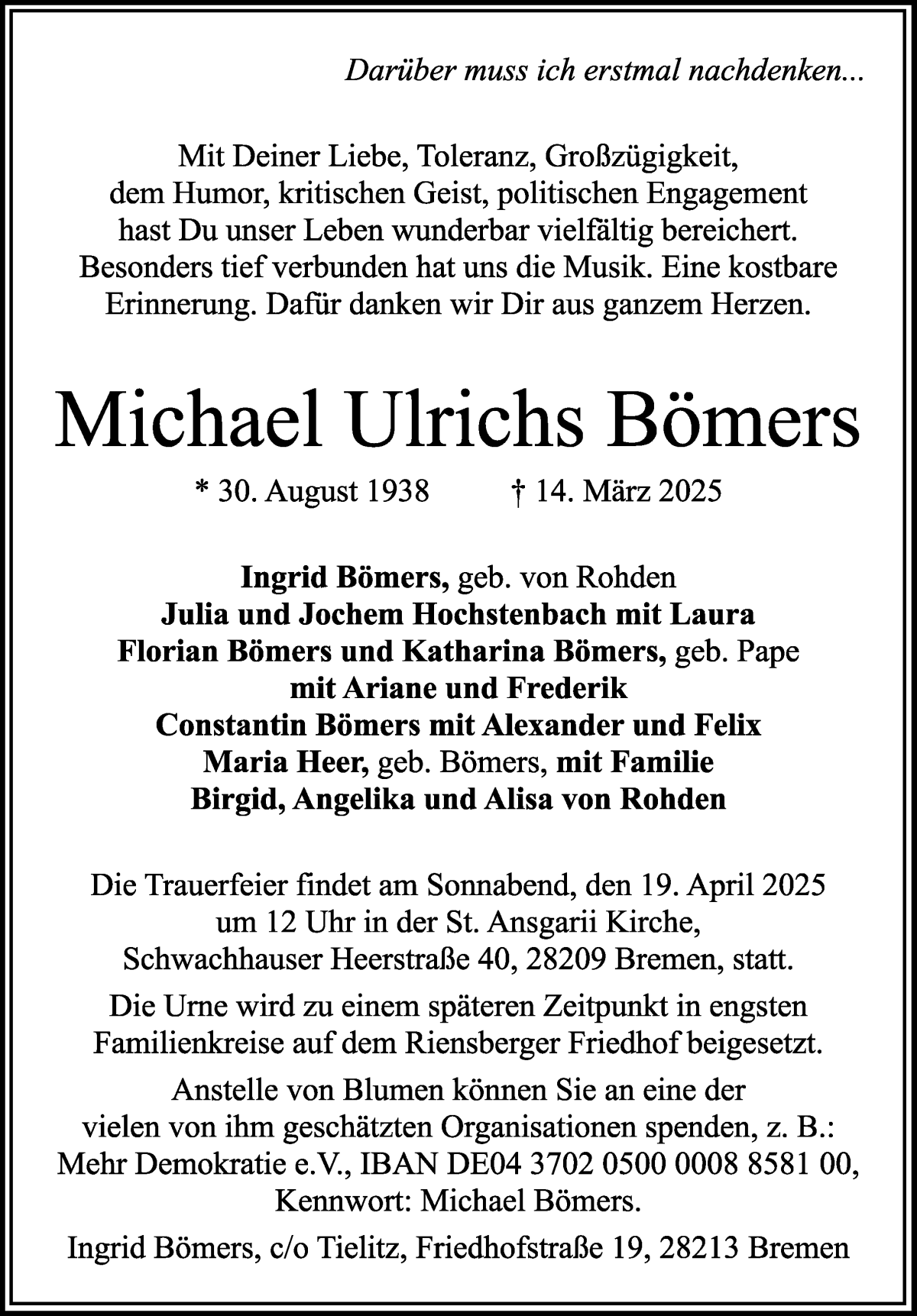 Traueranzeige von Michael Ulrichs Bömers von WESER-KURIER