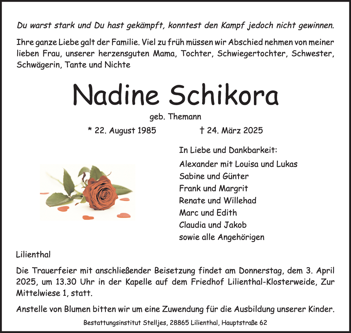 Traueranzeige von Nadine Schikora von Wuemme Zeitung