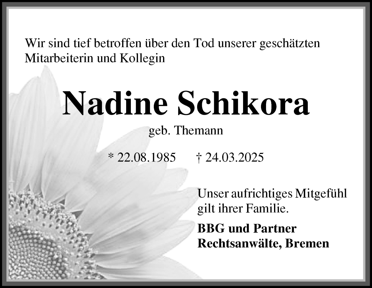 Traueranzeige von Nadine Schikora von Wuemme Zeitung